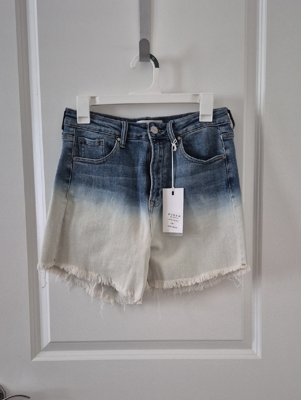Risen Ombre Denim High-Rise Frayed Hem Shorts - Blue/White